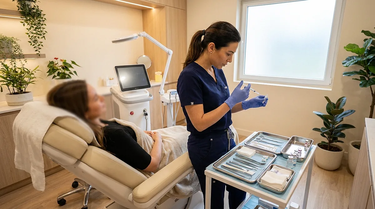 Aplicação de procedimento de harmonização facial em consultório, com foco em técnica precisa